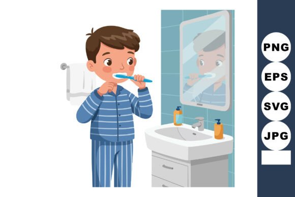 Boy Brushing Teeth in Blue Striped Pajamas: A Visual Asset for Practical Use Cases