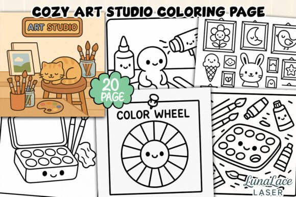 Cozy Art Studio Coloring Page Bundle: Creative Relief for Modern Makers
