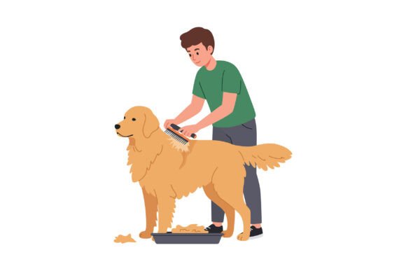 Man Brushing Golden Retriever Dog with G