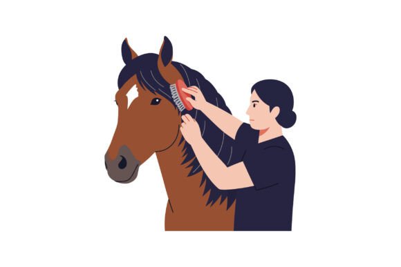 Woman Grooming a Brown Horse with a Brush